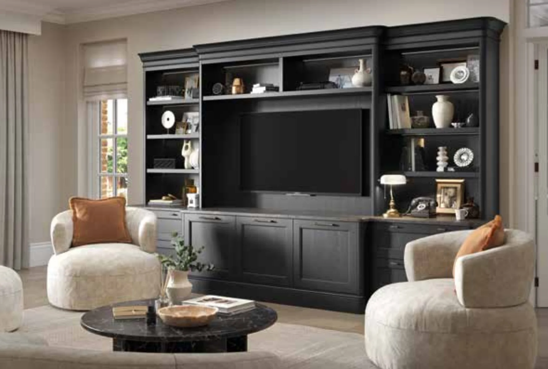 Black painted built-in TV and media wall unit with open shelving