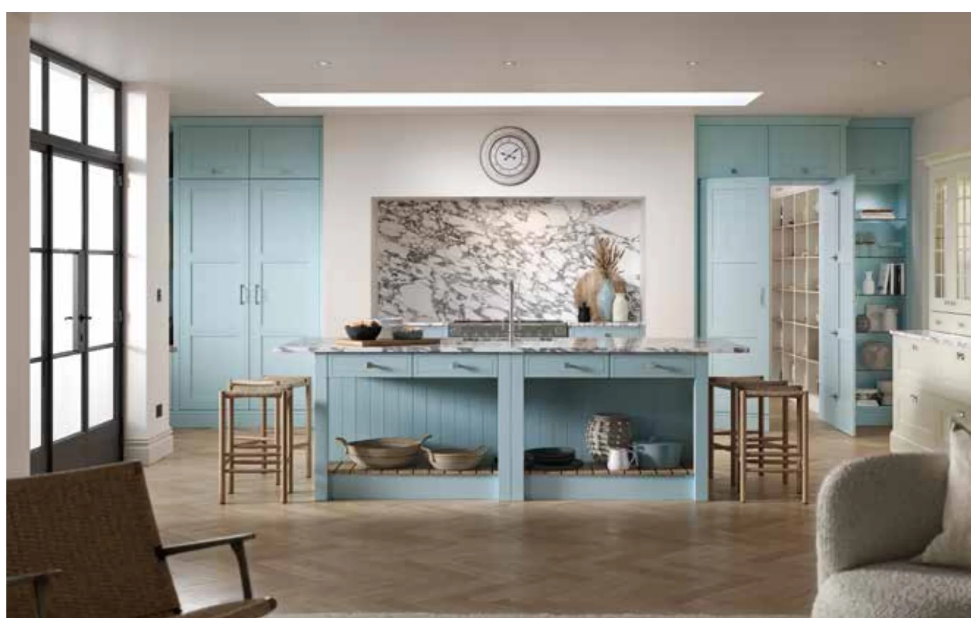Pantry Blue shaker kitchen with open shelving and a marble splashback